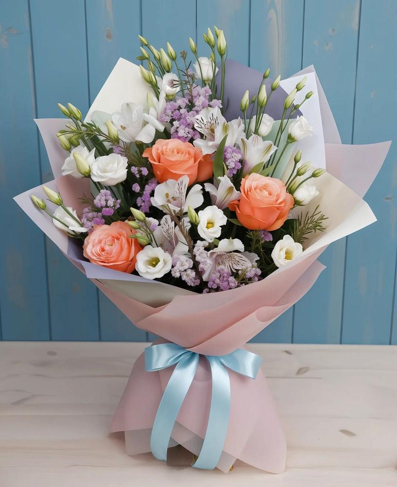 Букет цветов из: Лизиантусы, Розы, Альстромерии и Гипсофила в Калининске