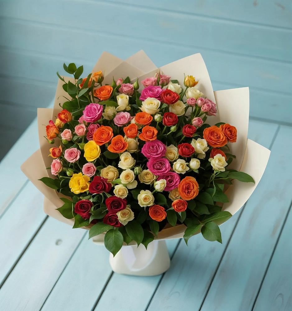 Букет Микс из разноцветных кустовых роз в Калининске
